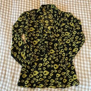 New York & Company Sheer Black Top with Lime Green Print Size 6